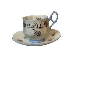Rosina Fine Bone China Floral Blue White Best Wishes Teacup & Saucer England